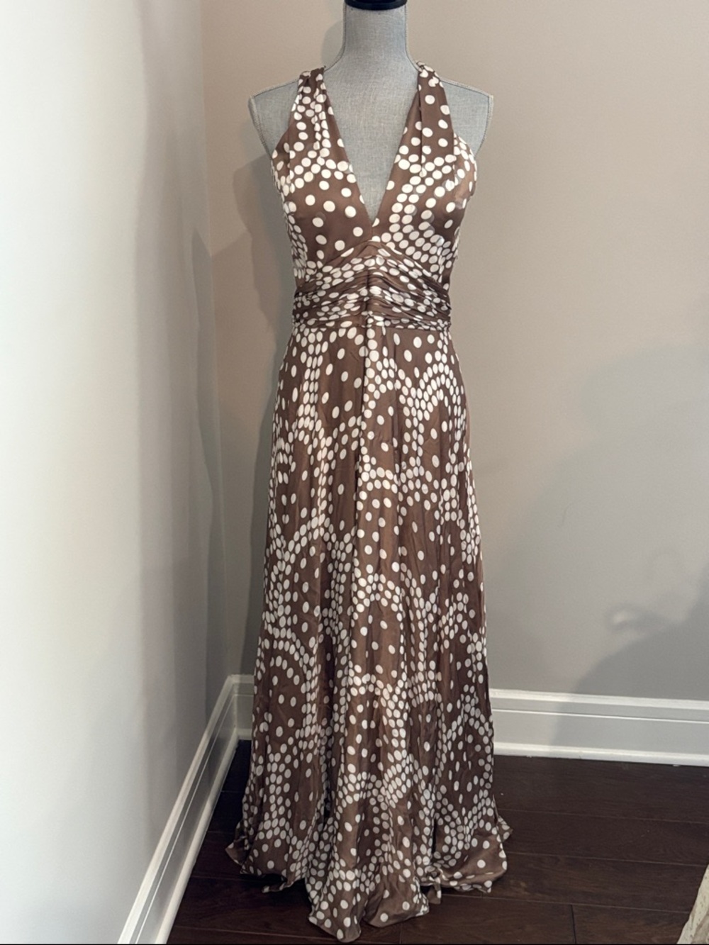 Badgley Mischka Silk Sleeveless Brown & White Polka Dot V-Neck Maxi Dress